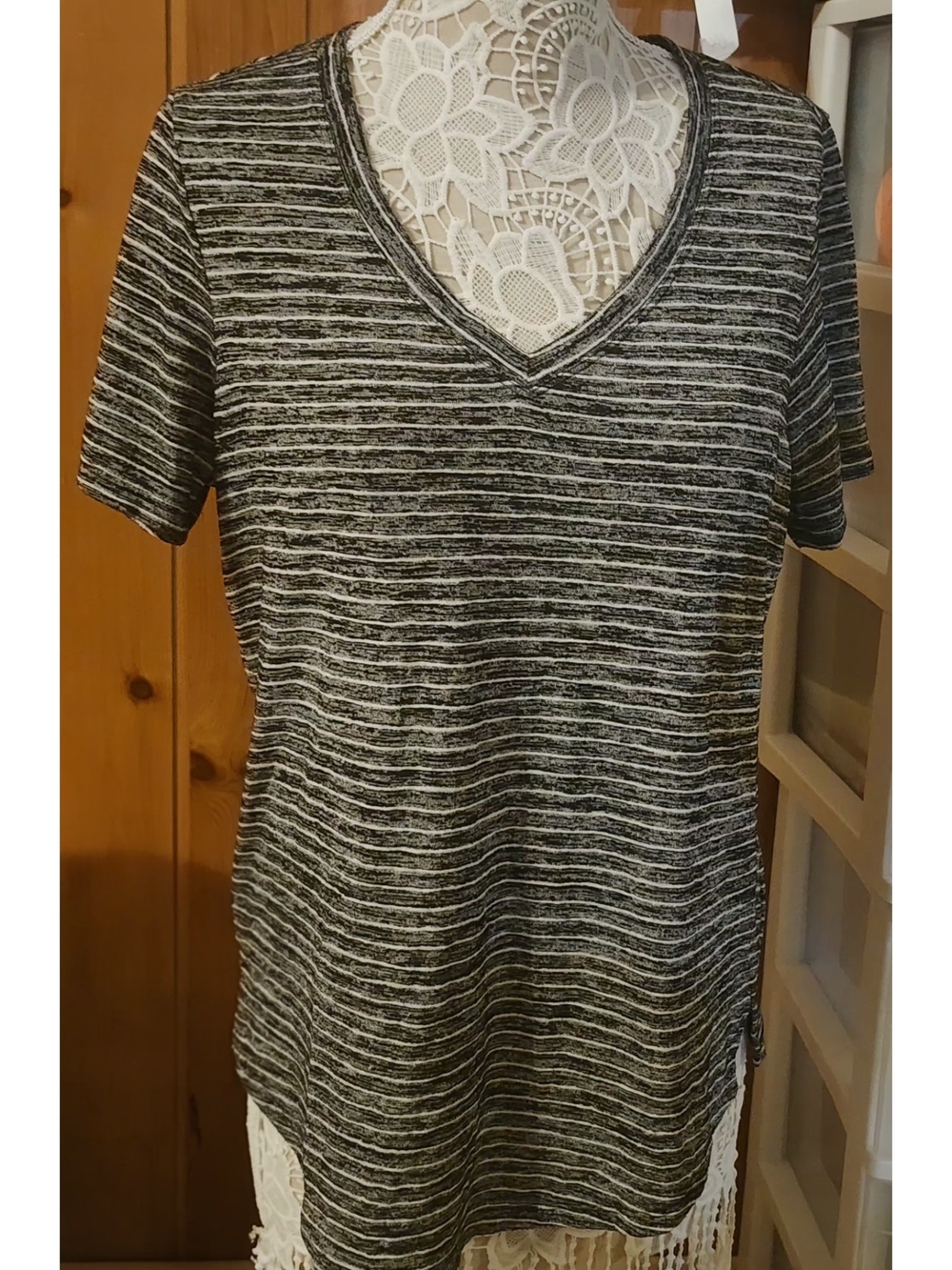 Athleta Black & Grey Heather Space Dye Striped V-Neck Short Sleeve Tee
